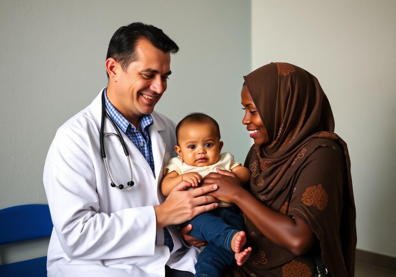Pediatra atendendo bebê durante ação social